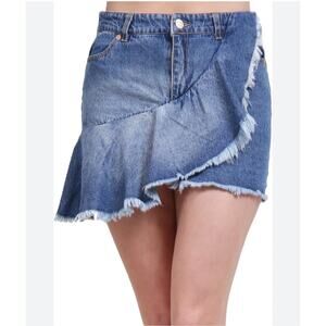 Love Tree NEW Large Blue Denim Ruffle Mini Skirt Raw Hem